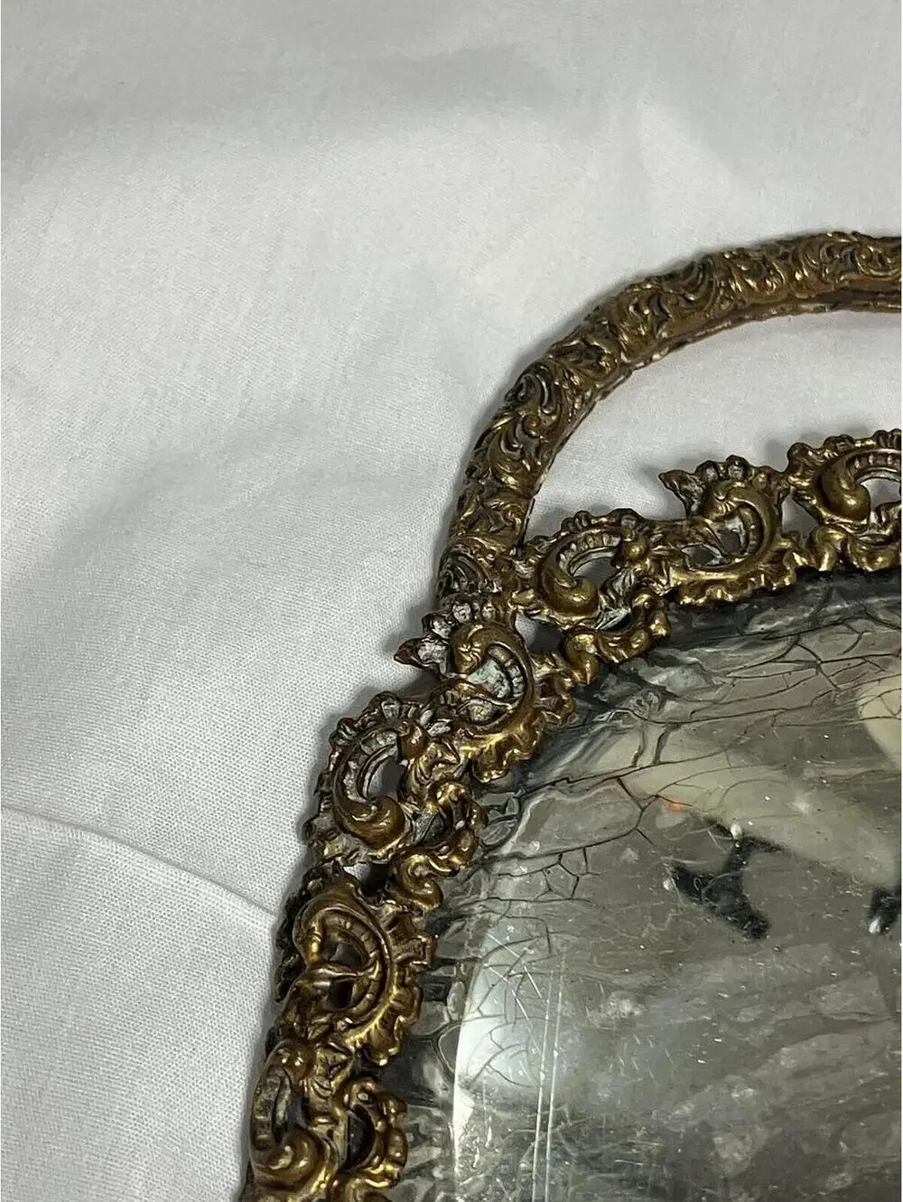Vintage Brass Vanity Mirror Tray Round Ornate Handle